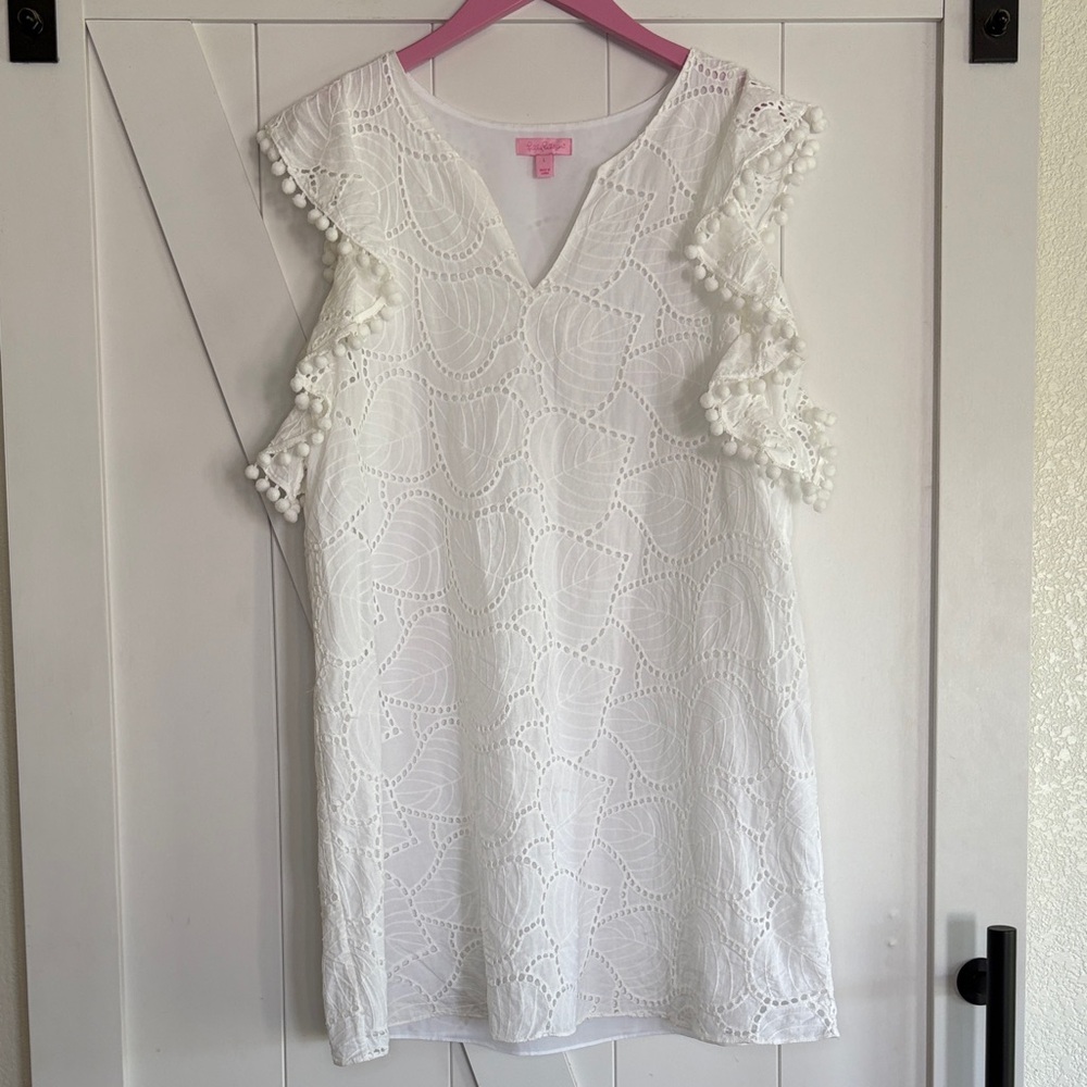 Lilly Pulitzer White Eyelet Leaf Pattern Dress  with Pom Poms.